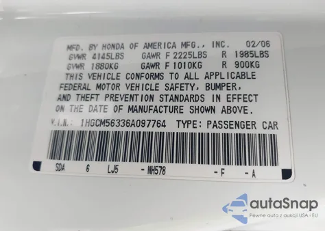 2006 Honda Accord 2.4 Se z USA, uszkodzony, nr VIN 1HGCM56336A097764